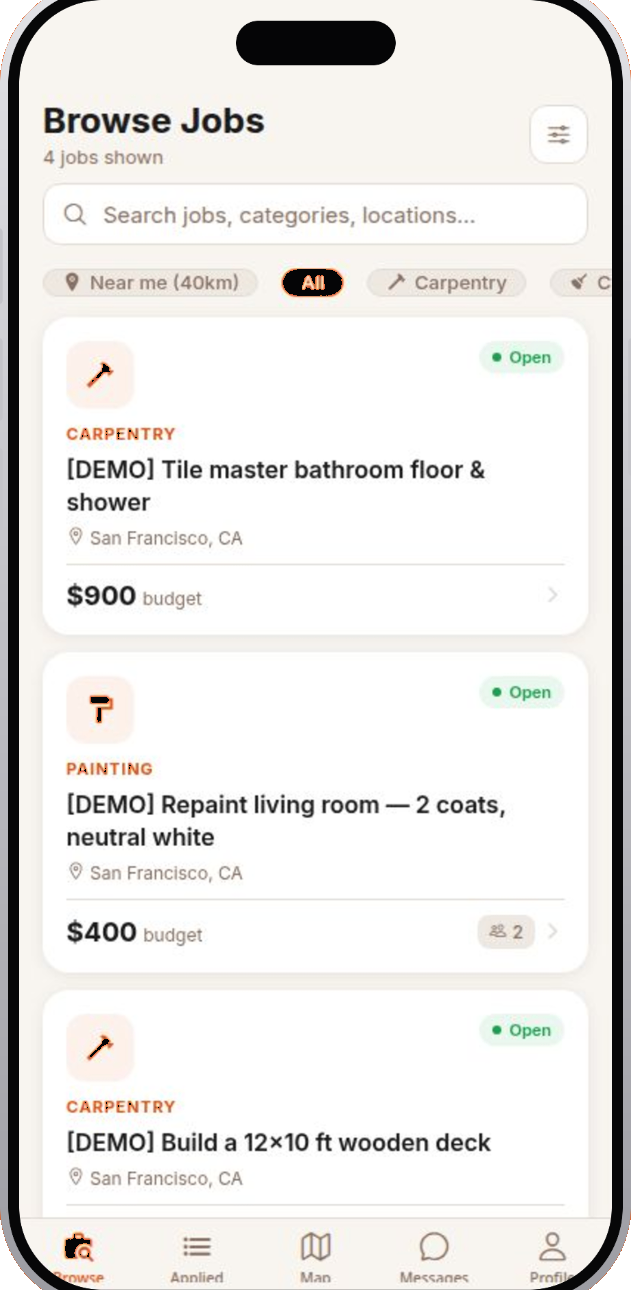 Browse jobs screen